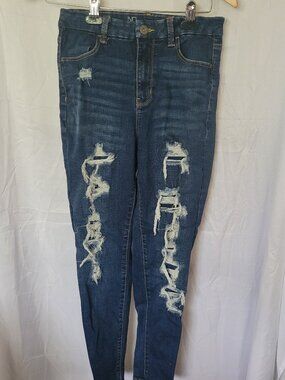 NO BOUNDARIES Womens Distressed Skinny Jeans Dark Wash Ripped High Rise Size 7
